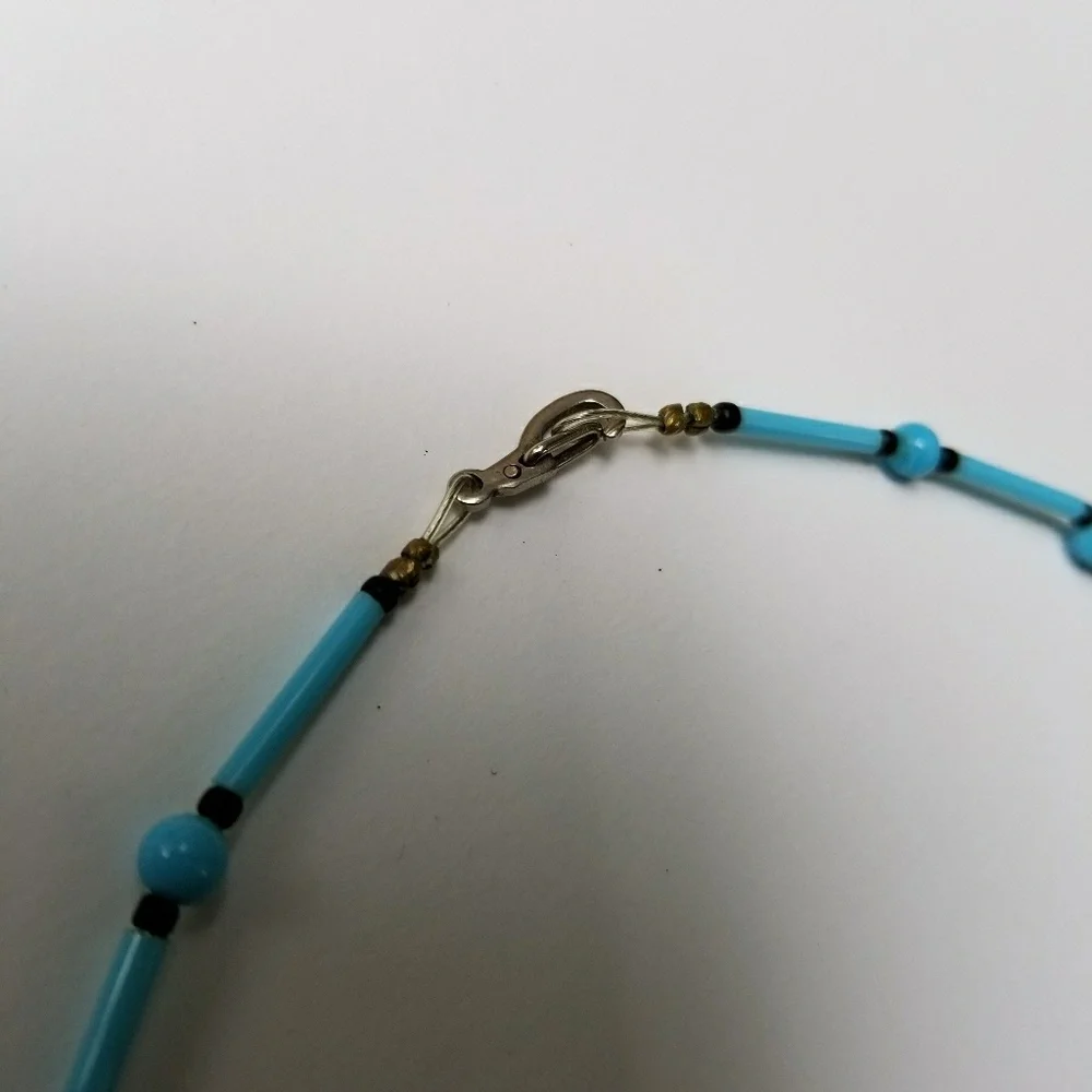 Vintage bear necklace blue glass beads southwestern boho black